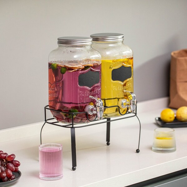 Basicwise 2-Pcs Glass Drink Dispenser Set with Metal Stand, Stainless Steel Spigots and Chalkboard Signs - - QI004713.CHK
