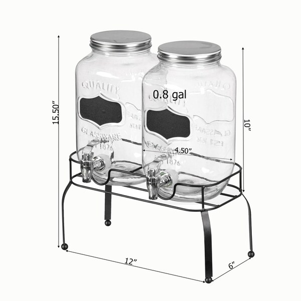 Basicwise 2-Pcs Glass Drink Dispenser Set with Metal Stand, Stainless Steel Spigots and Chalkboard Signs - - QI004713.CHK
