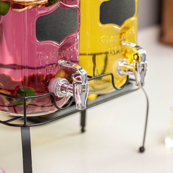 Basicwise 2-Pcs Glass Drink Dispenser Set with Metal Stand, Stainless Steel Spigots and Chalkboard Signs - - QI004713.CHK