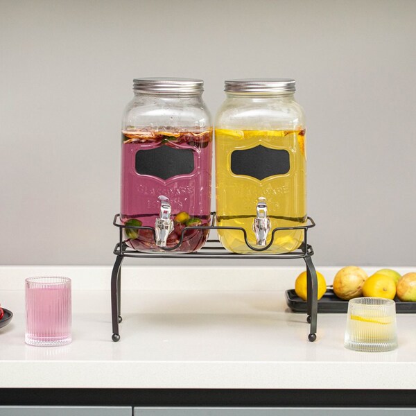 Basicwise 2-Pcs Glass Drink Dispenser Set with Metal Stand, Stainless Steel Spigots and Chalkboard Signs - - QI004713.CHK
