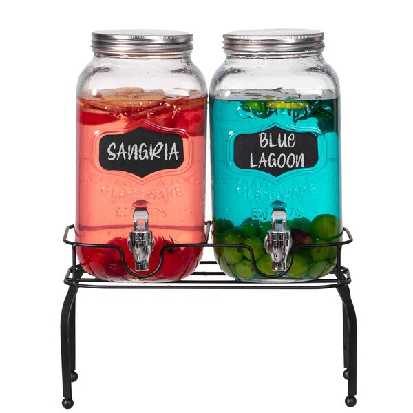 Basicwise 2-Pcs Glass Drink Dispenser Set with Metal Stand, Stainless Steel Spigots and Chalkboard Signs - - QI004713.CHK