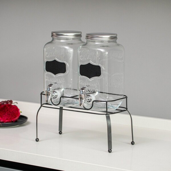 Basicwise 2-Pcs Glass Drink Dispenser Set with Metal Stand, Stainless Steel Spigots and Chalkboard Signs - - QI004713.CHK