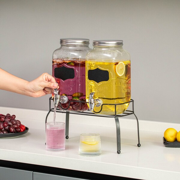 Basicwise 2-Pcs Glass Drink Dispenser Set with Metal Stand, Stainless Steel Spigots and Chalkboard Signs - - QI004713.CHK