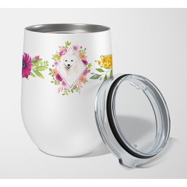 Carolines Treasures 12 oz Japanese Spitz Pink Flowers Stainless Steel Stemless Wine Glass - CK4229TBL12