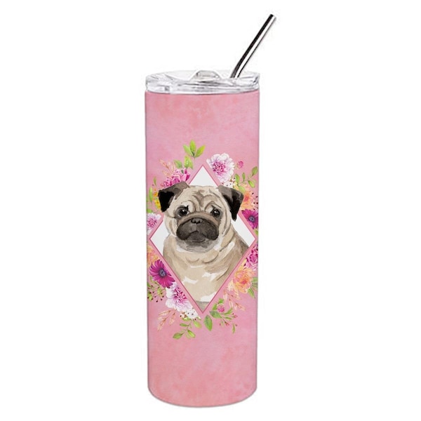 Carolines Treasures 20 oz Fawn Pug Pink Flowers Double Walled Stainless Steel Skinny Tumbler - CK4218TBL20