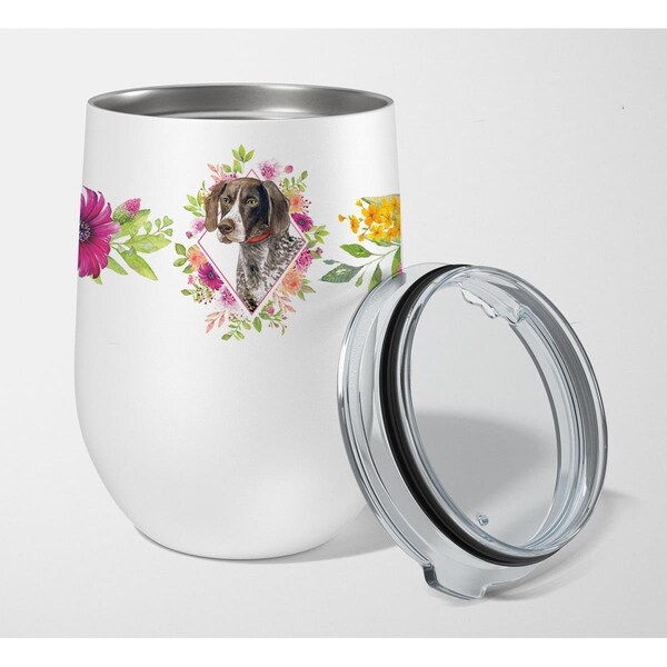 Carolines Treasures 12 oz German Shorthaired Pointer Pink Flowers Stainless Steel Stemless Wine Glass - CK4157TBL12