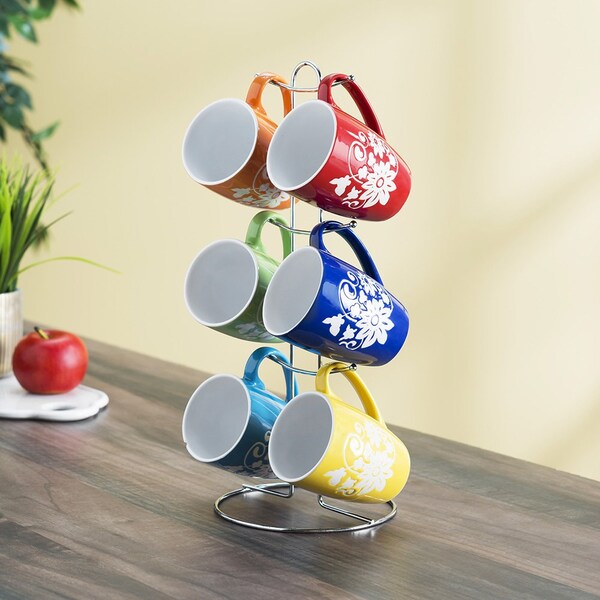 Hds Trading 6 Piece Floral Mug Set With Stand, MultiColor - ZOR95987