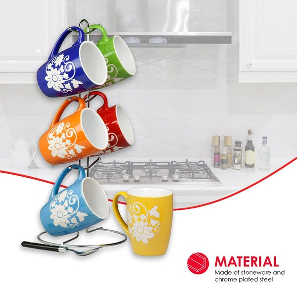 Hds Trading 6 Piece Floral Mug Set With Stand, MultiColor - ZOR95987