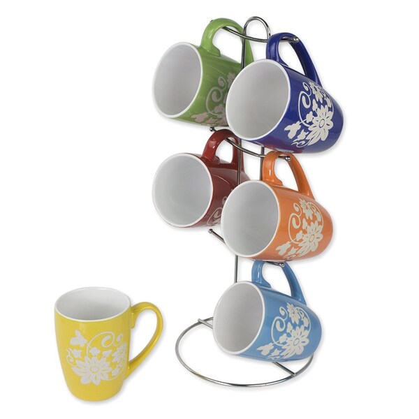 Hds Trading 6 Piece Floral Mug Set With Stand, MultiColor - ZOR95987