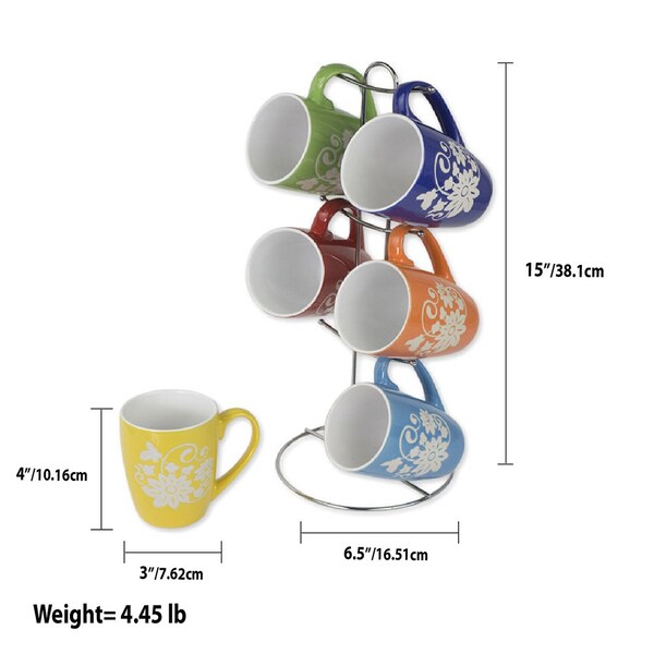Hds Trading 6 Piece Floral Mug Set With Stand, MultiColor - ZOR95987