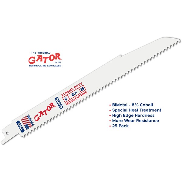 Gator Reciprocating Saw Blade 9 in. x 7/8 in. x 6tpi #12045, Xtreme Duty Demolition Wood Cutting, 25PK - 12045