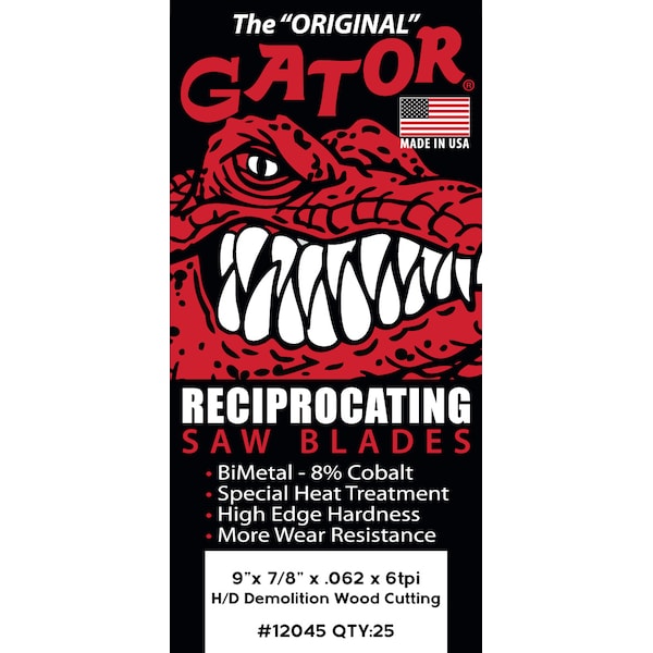 Gator Reciprocating Saw Blade 9 in. x 7/8 in. x 6tpi #12045, Xtreme Duty Demolition Wood Cutting, 25PK - 12045