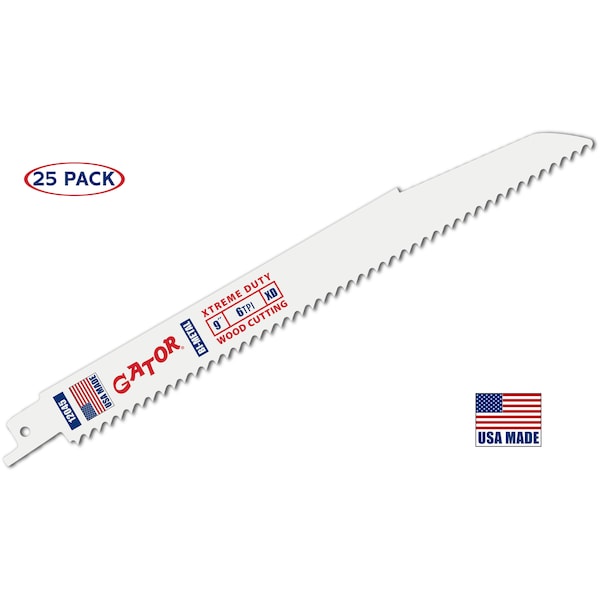 Gator Reciprocating Saw Blade 9 in. x 7/8 in. x 6tpi #12045, Xtreme Duty Demolition Wood Cutting, 25PK - 12045