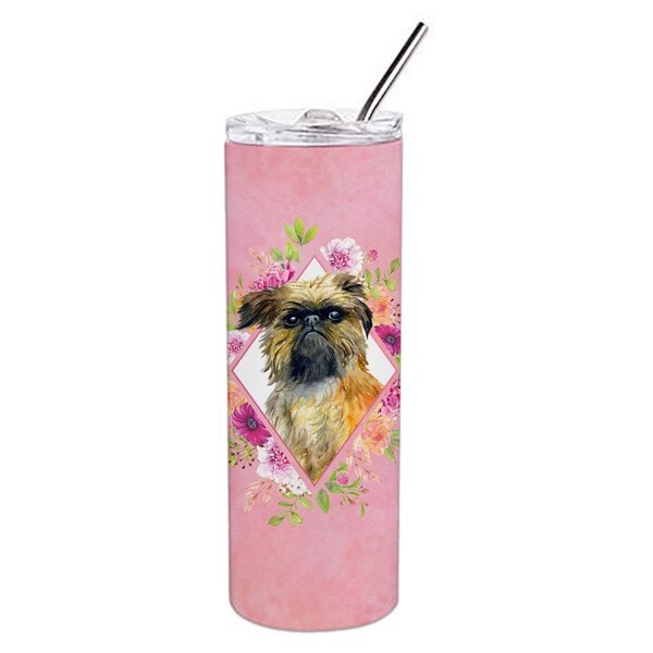 Carolines Treasures 20 oz Brussels Griffon Pink Flowers Double Walled Stainless Steel Skinny Tumbler - CK4123TBL20