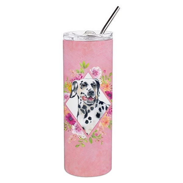 Carolines Treasures 20 oz Dalmatian Pink Flowers Double Walled Stainless Steel Skinny Tumbler - CK4137TBL20