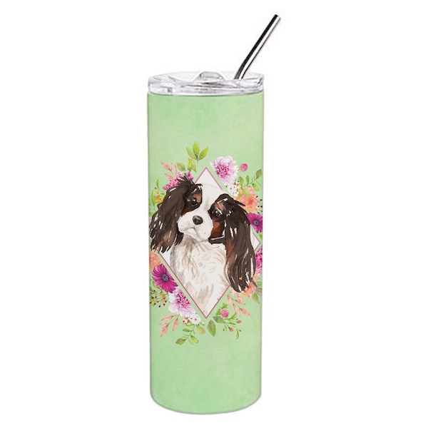 Carolines Treasures 20 oz Tricolor Cavalier Spaniel Green Flowers Double Walled Stainless Steel Skinny Tumbler - CK4366TBL20