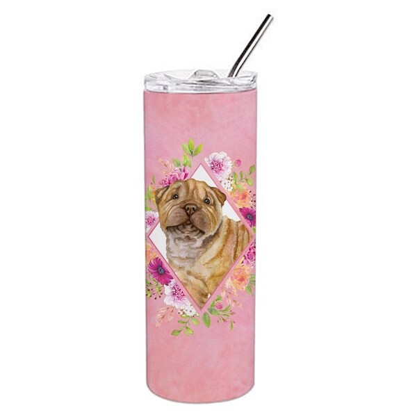 Carolines Treasures 20 oz Shar Pei Pink Flowers Double Walled Stainless Steel Skinny Tumbler - CK4181TBL20