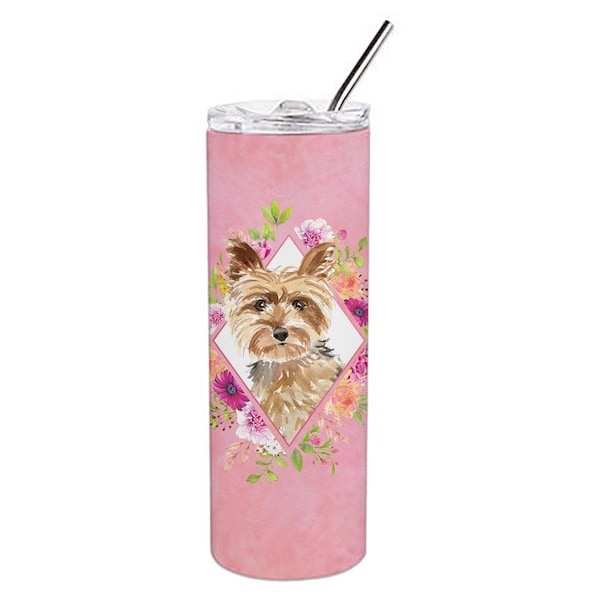 Carolines Treasures 20 oz Yorkie Pink Flowers Double Walled Stainless Steel Skinny Tumbler - CK4197TBL20