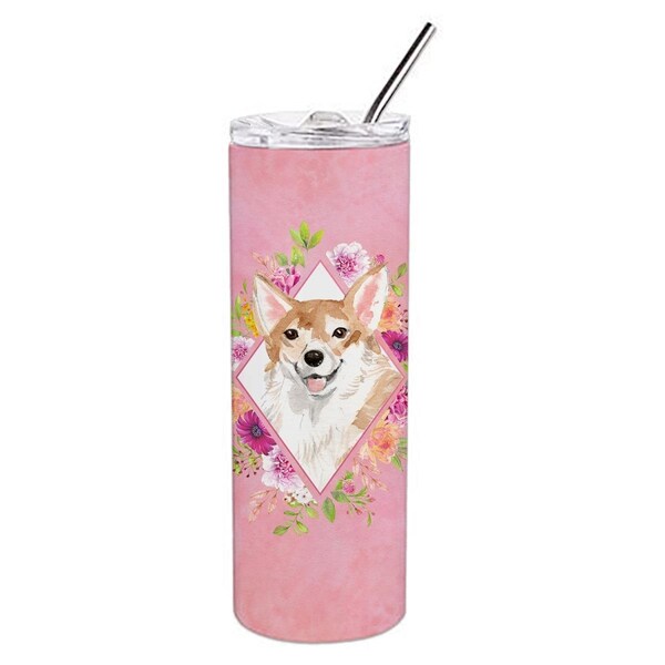 Carolines Treasures 20 oz Corgi Pink Flowers Double Walled Stainless Steel Skinny Tumbler - CK4243TBL20