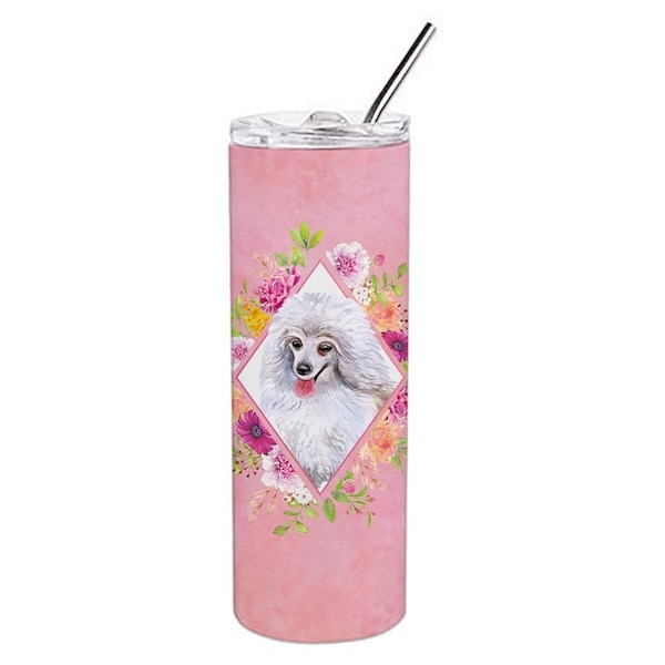 Carolines Treasures 20 oz White Mini Poodle Pink Flowers Double Walled Stainless Steel Skinny Tumbler - CK4172TBL20