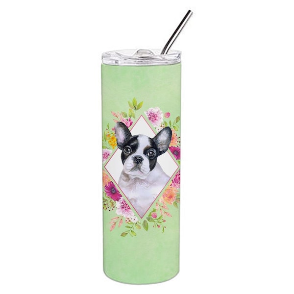 Carolines Treasures 20 oz French Bulldog Green Flowers Double Walled Stainless Steel Skinny Tumbler - CK4303TBL20