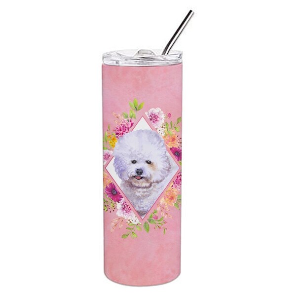 Carolines Treasures 20 oz Bichon Fris No.2 Pink Flowers Double Walled Stainless Steel Skinny Tumbler - CK4120TBL20