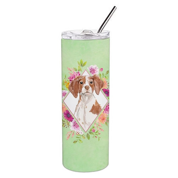 Carolines Treasures 20 oz Brittany Spaniel Green Flowers Double Walled Stainless Steel Skinny Tumbler - CK4414TBL20