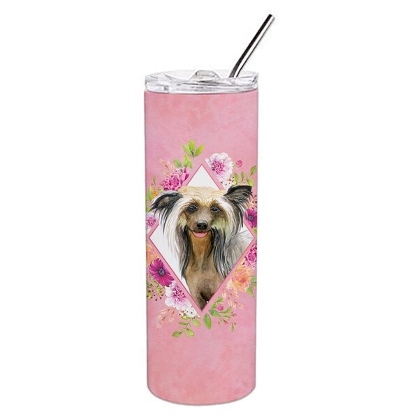 Carolines Treasures 20 oz Chinese Crested Pink Flowers Double Walled Stainless Steel Skinny Tumbler - CK4130TBL20
