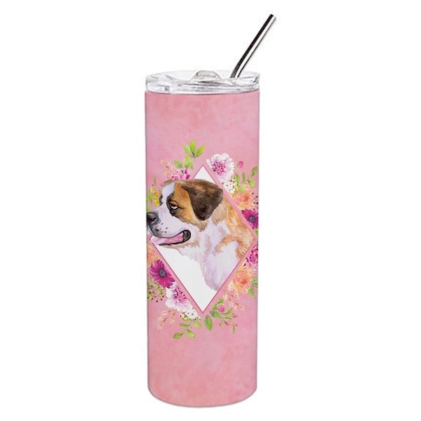 Carolines Treasures 20 oz Saint Bernard No.1 Pink Flowers Double Walled Stainless Steel Skinny Tumbler - CK4186TBL20