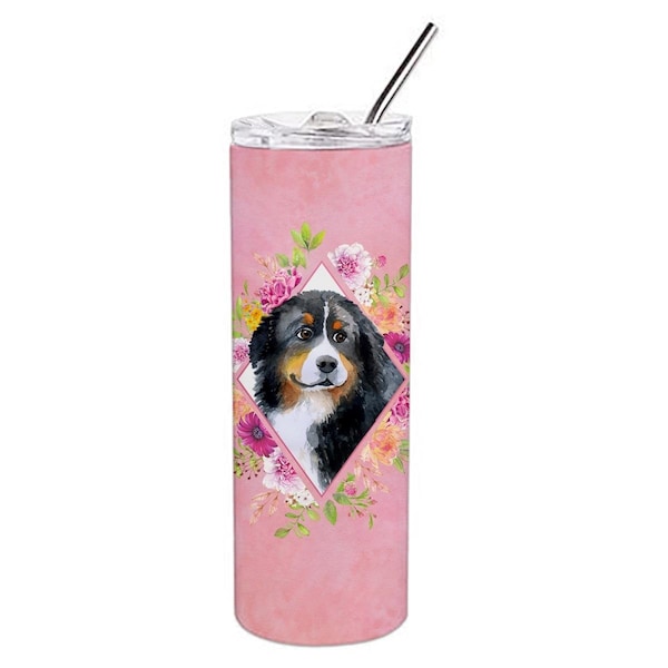 Carolines Treasures 20 oz Bernese Mountain Dog Pink Flowers Double Walled Stainless Steel Skinny Tumbler - CK4118TBL20