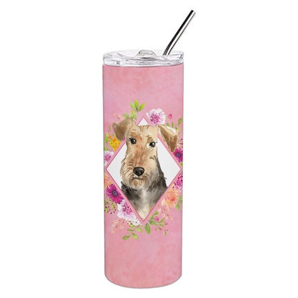 Carolines Treasures 20 oz Airedale Terrier Pink Flowers Double Walled Stainless Steel Skinny Tumbler - CK4204TBL20