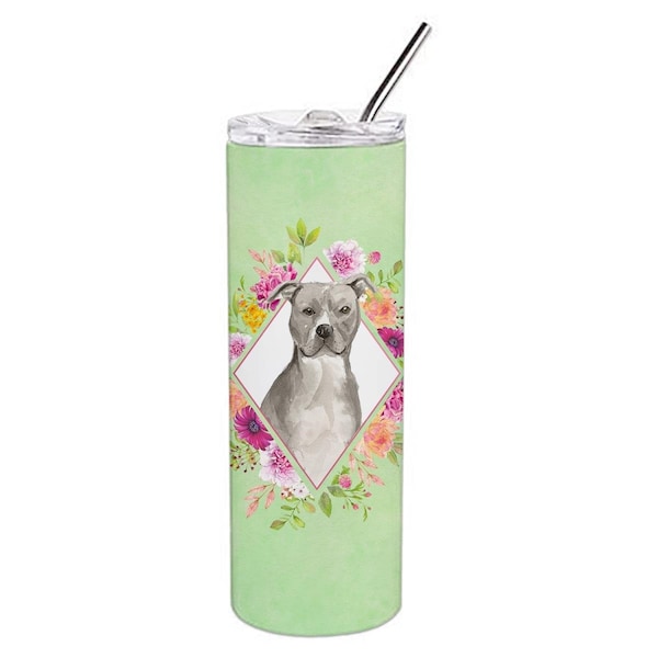 Carolines Treasures 20 oz Blue Pit Bull Terrier Green Flowers Double Walled Stainless Steel Skinny Tumbler - CK4429TBL20
