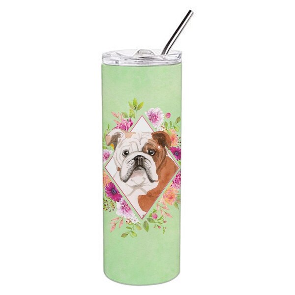 Carolines Treasures 20 oz English Bulldog Green Flowers Double Walled Stainless Steel Skinny Tumbler - CK4400TBL20