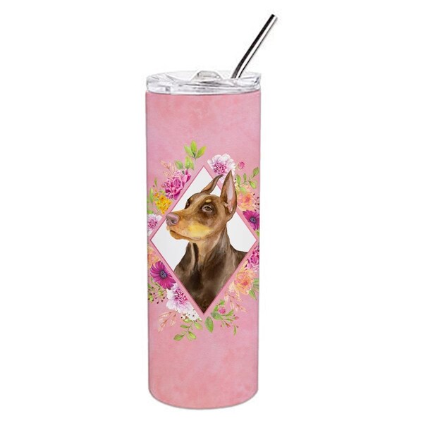 Carolines Treasures 20 oz Doberman Pinscher Pink Flowers Double Walled Stainless Steel Skinny Tumbler - CK4138TBL20