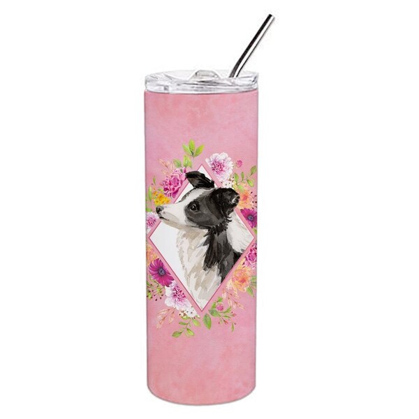 Carolines Treasures 20 oz Border Collie Pink Flowers Double Walled Stainless Steel Skinny Tumbler - CK4258TBL20