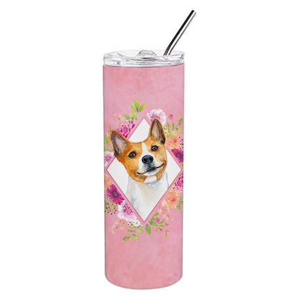 Carolines Treasures 20 oz Basenji Pink Flowers Double Walled Stainless Steel Skinny Tumbler - CK4115TBL20