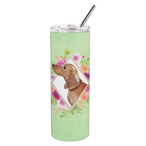 Carolines Treasures 20 oz Dachshund Green Flowers Double Walled Stainless Steel Skinny Tumbler - CK4367TBL20
