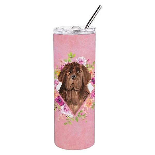 Carolines Treasures 20 oz Newfoundland Pink Flowers Double Walled Stainless Steel Skinny Tumbler - CK4221TBL20
