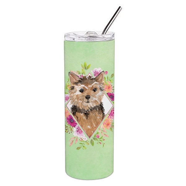 Carolines Treasures 20 oz Norwich Terrier Green Flowers Double Walled Stainless Steel Skinny Tumbler - CK4380TBL20