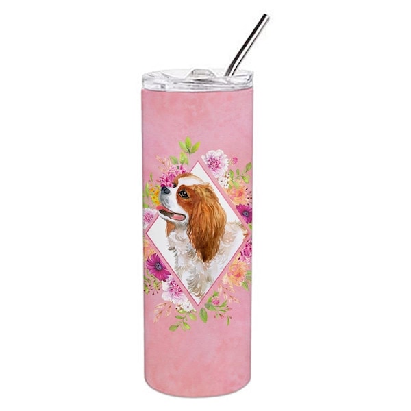 Carolines Treasures 20 oz Cavalier King Charles Spaniel Pink Flowers Double Walled Stainless Steel Skinny Tumbler - CK4126TBL20