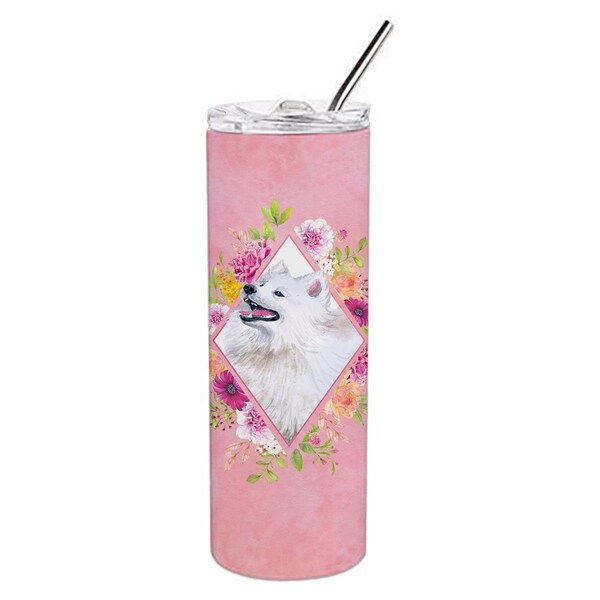 Carolines Treasures 20 oz Samoyed Pink Flowers Double Walled Stainless Steel Skinny Tumbler - CK4177TBL20