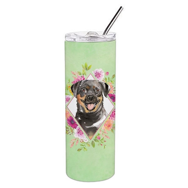 Carolines Treasures 20 oz Rottweiler Green Flowers Double Walled Stainless Steel Skinny Tumbler - CK4377TBL20