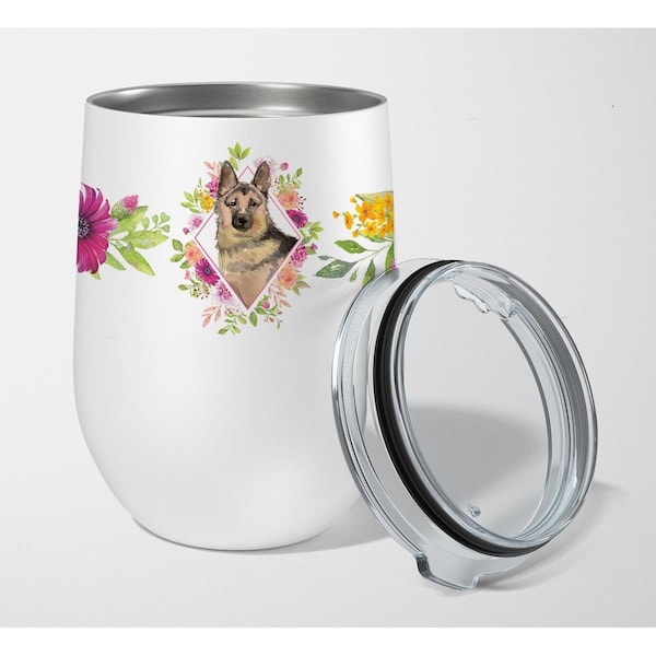 Carolines Treasures 12 oz German Shepherd Pink Flowers Stainless Steel Stemless Wine Glass - CK4237TBL12