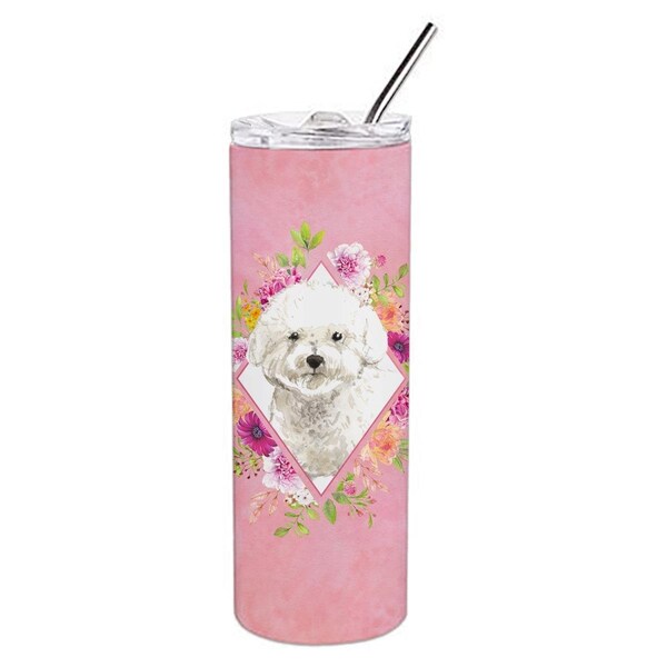 Carolines Treasures 20 oz Bichon Frise Pink Flowers Double Walled Stainless Steel Skinny Tumbler - CK4263TBL20