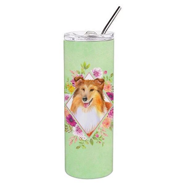 Carolines Treasures 20 oz Sheltie Shetland Sheepdog Green Flowers Double Walled Stainless Steel Skinny Tumbler - CK4342TBL20