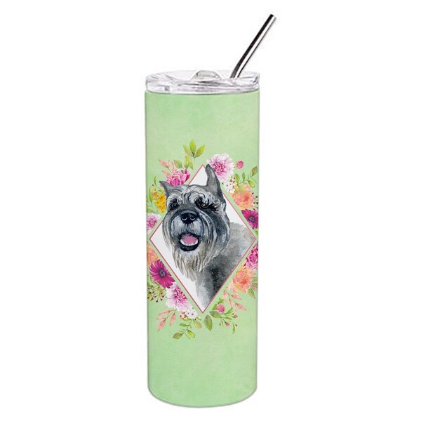 Carolines Treasures 20 oz Schnauzer Green Flowers Double Walled Stainless Steel Skinny Tumbler - CK4339TBL20