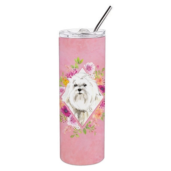 Carolines Treasures 20 oz Maltese Pink Flowers Double Walled Stainless Steel Skinny Tumbler - CK4223TBL20