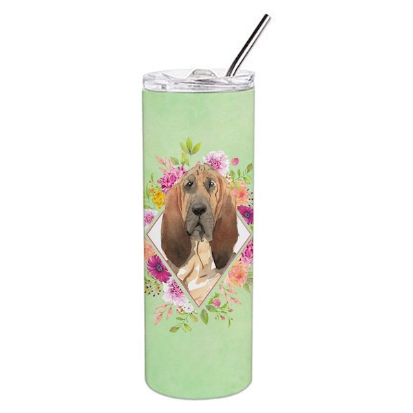 Carolines Treasures 20 oz Bloodhound Green Flowers Double Walled Stainless Steel Skinny Tumbler - CK4419TBL20