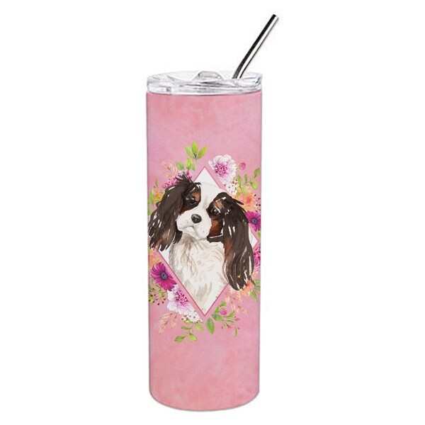 Carolines Treasures 20 oz Tricolor Cavalier Spaniel Pink Flowers Double Walled Stainless Steel Skinny Tumbler - CK4206TBL20