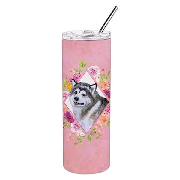Carolines Treasures 20 oz Alaskan Malamute Pink Flowers Double Walled Stainless Steel Skinny Tumbler - CK4112TBL20